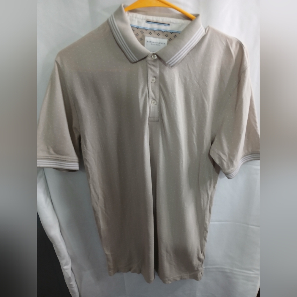 Denim & Flower Beige Dot-Print Polo with Contrast Stripe Collar
